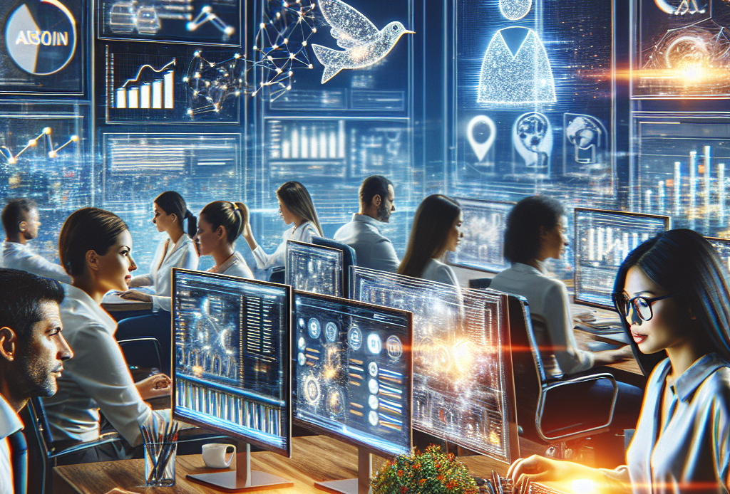 Picture a busy business scene that emphasizes technology and online interaction. Envision a well-equipped office space where diverse professionals are at work. There's an Asian woman at a workstation, her multiple screens showing various SEO analytics graphs. A man of Middle Eastern descent is discussing social media strategies on a video call, his display filled with social media icons and automated scheduling tools. On a transparent glowing screen, there's an African descent woman writing some automation codes. This striking image conveys the pivotal role of SEO and SMM automation in contemporary business practices.