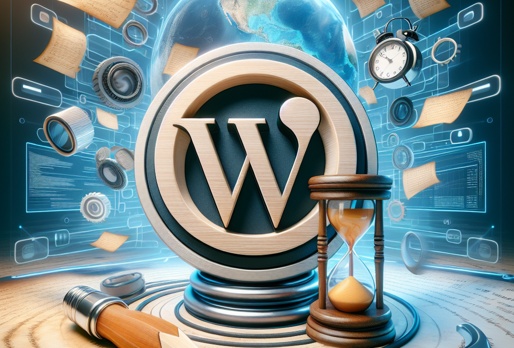Conceptualize an exciting and engaging image for an online article. The focal point of the image is a 3D icon embodying the WordPress logo, intertwined with a symbol representative of 'archiving' or 'history', such as a vintage scrolled parchment or an hourglass. Behind these elements, a digital landscape unfolds, suggesting advanced technology, intricate networks, and data storage. The overall aesthetic is professional and visually stunning, mirroring the subject of the article, which is about a must-have WordPress Wayback archive solution.
