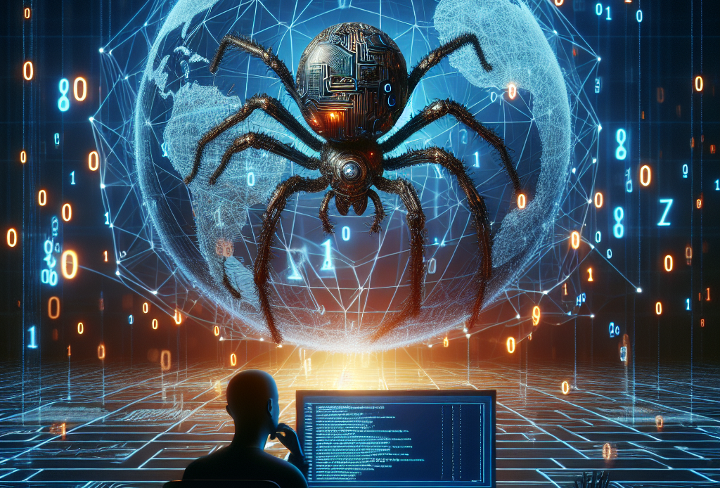 Envision an image that represents the concept of a web scraper powered by artificial intelligence. A web spider symbolizing the AI crawling across a 3D rendering of a digital globe filled with lines of code. The Spider, visually enhanced with glowing circuits and advanced digital elements, diligently collects glowing nodes of information that take the form of 0s and 1s, symbolizing data. A non-recognisable user of various descent sitting at the desk, transfixed by the screen that displays this process, demonstrates the effectiveness and ease of use of such technologies.