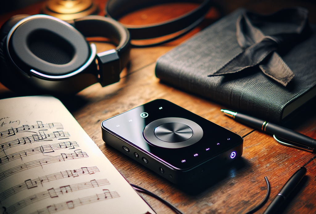 Picture a state-of-the-art Airwave Audio Player. Its sleek design features a smooth, glossy surface with touch-sensitive controls that softly glow against the matte black casing. It stands elegantly on a wooden table with a pair of stylish headphones casually hung by its side. The soft light from the nearby window illuminates the scene, casting a warm glow on the audio player and headphones. In the background, an open notebook with music notes doodled on its page subtly denotes its synchronization with music. This is indeed a must-have gadget for all music lovers.