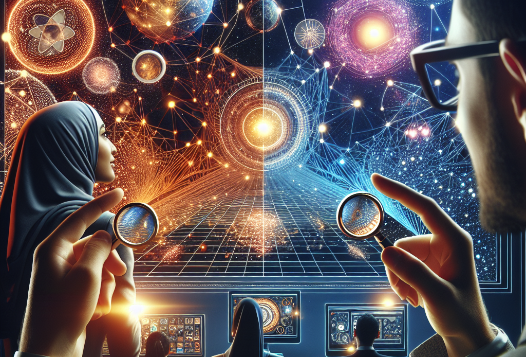 Visualize an image that encapsulates the excitement and innovation of stunning web design. The perspective is from someone peaking behind a digital screen to reveal a vibrant, complex network of glowing, interconnected nodes representing the internet. In one corner, a minimalist and elegant website design on display, showcasing a harmonious blend of color, typography, and layout. In another part, fluid animations and seamless transitions exemplify the advanced user interface. Also, bear in mind to show varying designs catering to a diverse user base including a Middle-Eastern woman and a Caucasian man Business professionals appreciating the design.