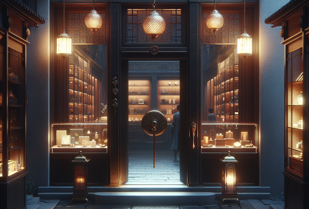 Visual representation of an enigmatic, luxury retail store situated in a serene, hidden alley. This store has a mysterious aura, being illuminated solely by soft lanterns hanging from its rich mahogany façade. The carefully arranged display window reveals a selection of high-end, exquisite goods, while the frosted glass door sealed with an ornate bronze handle hints at exclusivity. The scene is set at twilight, with the cobblestone pathway glistening under the faint rays of a setting sun. A lone figure, possibly the proprietor, can be seen inside the store, in the fringes of the opulent shadows.