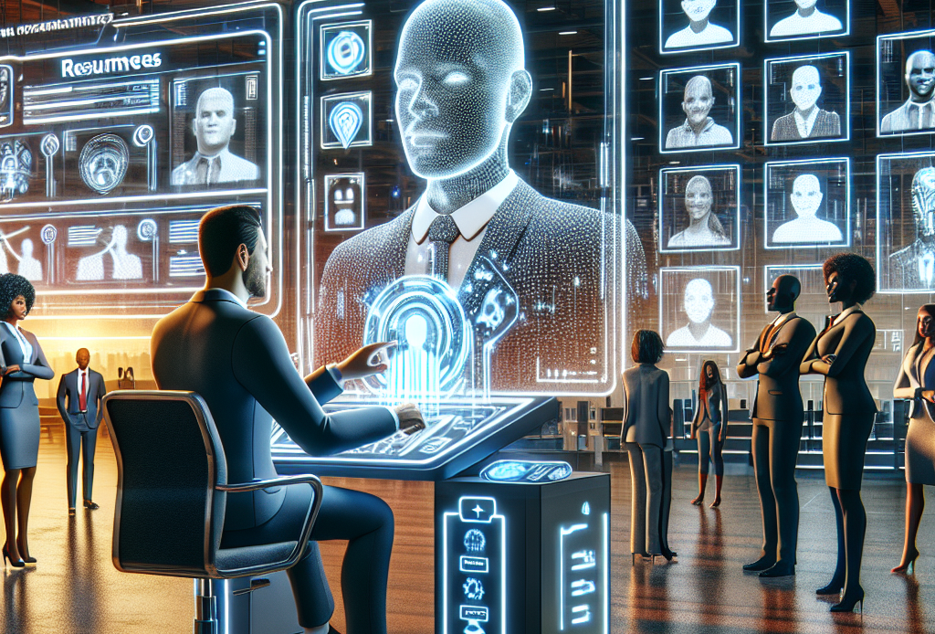 A detailed visual representation of the concept of AI recruitment automation. The composition consists of a futuristic office setting equipped with advanced technology. A Caucasian male human resources officer is using a cutting-edge, holographic AI system to streamline the hiring process. Several screens displaying resumes, position requirements, and candidate profiles are arranged around him. In the background, a diverse group of potential job candidates - Black woman, Hispanic man, Middle-Eastern woman, and South-Asian man - are portrayed watching the process unfold. The phrase 'Unlock Effortless Hiring Success' floats in 3D letters above the scene, symbolizing the transformative power of technology in hiring practices.