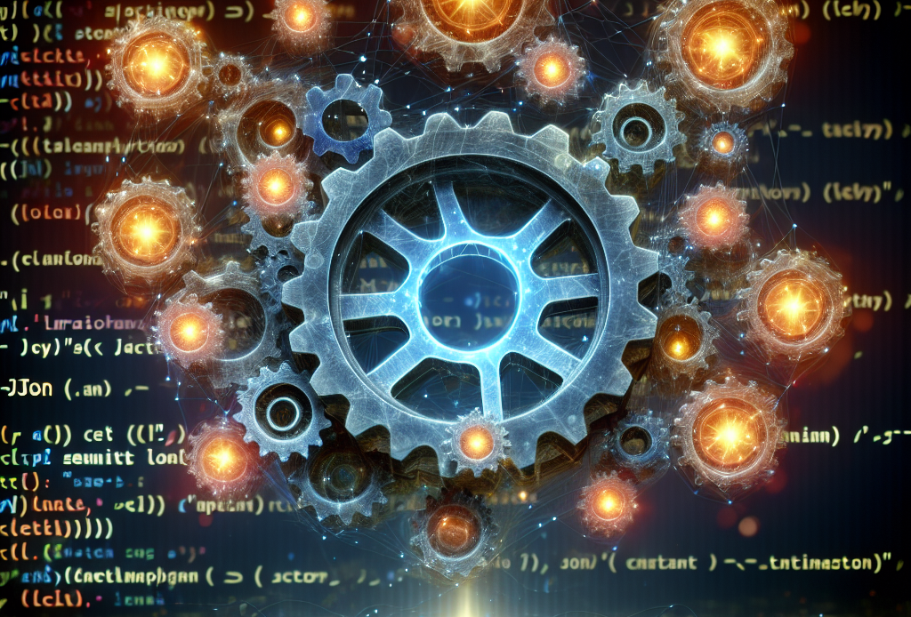 A stunning and dynamic digital artwork depicting the concept of a seamless workflow in n8n for JSON importation. Picture a set of interconnected gears, illuminated with the glow of efficiency, set against a backdrop of code snippets representing JSON. At the heart of the image, show a vibrant representation of the n8n logo, highlighting its central role in this process. The general atmosphere should suggest ease, demonstrating an effortless process, ideally with visual motifs such as floating feathers or similar symbols of lightweight operation.