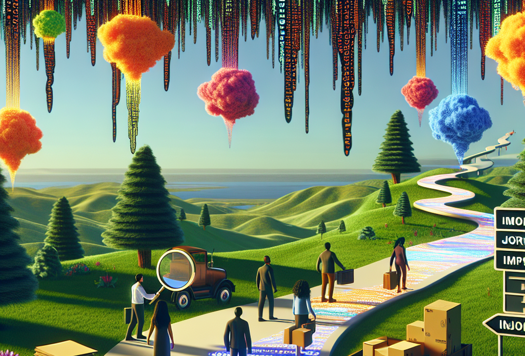 Visualize a computer programming scene set on a digital landscape. There are dense, binary-coded trees in the background, symbolizing a forest of complex code. In the foreground, a trail of vibrant, three-dimensional JSON data structures is floating in the air, forming a path leading towards the skyline. A group of people are collaboratively navigating this path: a Middle-Eastern woman with a magnifying glass inspecting the data structures, a Caucasian man pushing a wheelbarrow filled with blueprints, a Black woman holding a large key with 'Import' written on it, and a South-Asian man carrying a signboard that reads 'Make.com'.
