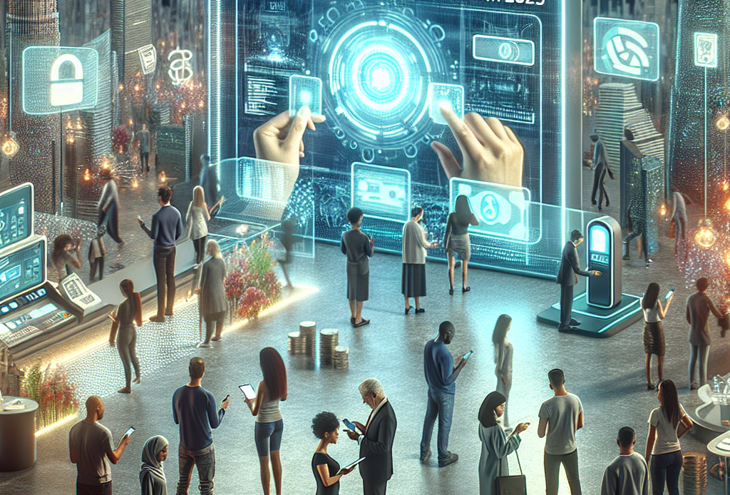 Imagine a future oriented, bustling financial industry. In the center, there's an impressive, sleek digital board displaying the text 'Top Payment Methods: Must-Have Financing Options for 2025'. Surrounding the billboard are various people of different descents and genders, engaged in financial transactions through futuristic devices. On the left, a Caucasian woman makes a transaction using a holographic interface. To the right, a Middle-Eastern man uses a biometric device for a transaction. Further in the distance, persons of Hispanic, Black and South Asian descent are engaged in similar activities, illuminating the scene with an air of inclusivity and forward-thinking.