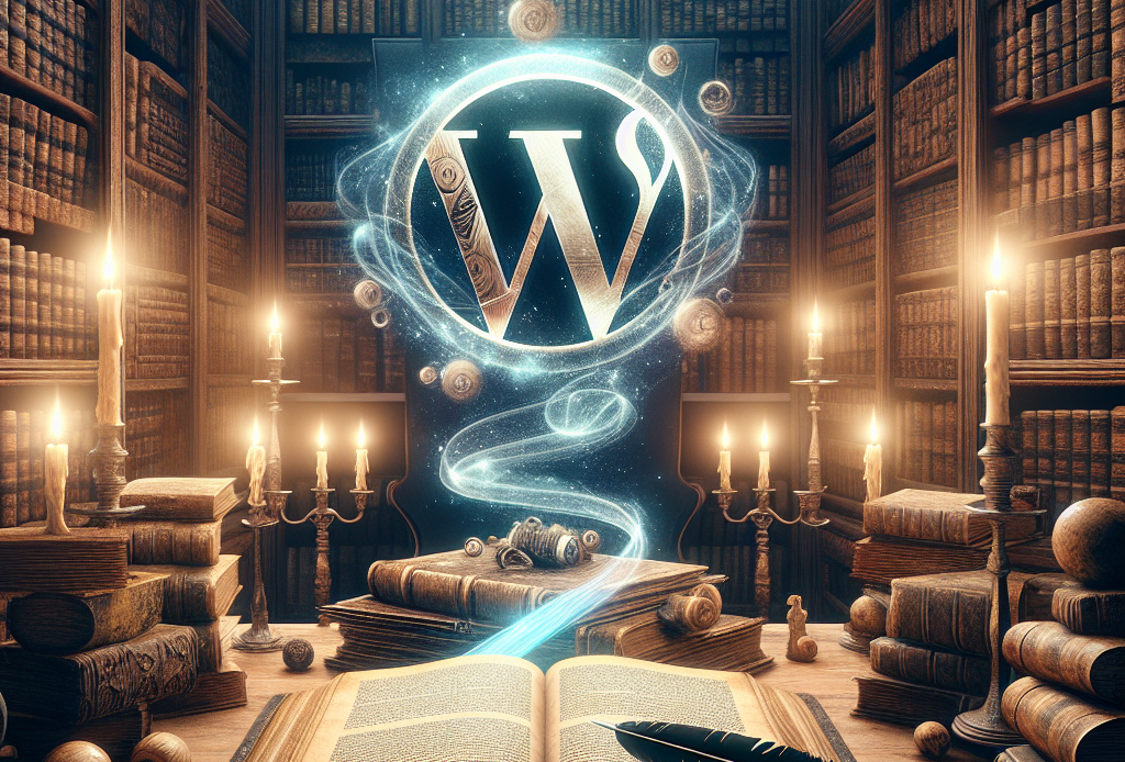 Envision an antique library with tall, wooden bookshelves filled with ancient books and scrolls, illuminated by candlelight. In an open space, there's a large wooden desk with an old feather quill and an open, age-worn WordPress manual. From the manual, spectral, glowing lines spread out, forming the WordPress logo in the air. Images of modern web designs intersect the logo, representing hybridisation of old knowledge and modern solutions. This represents a link between the past ('Wayback Archive') and the present advanced WordPress solution.