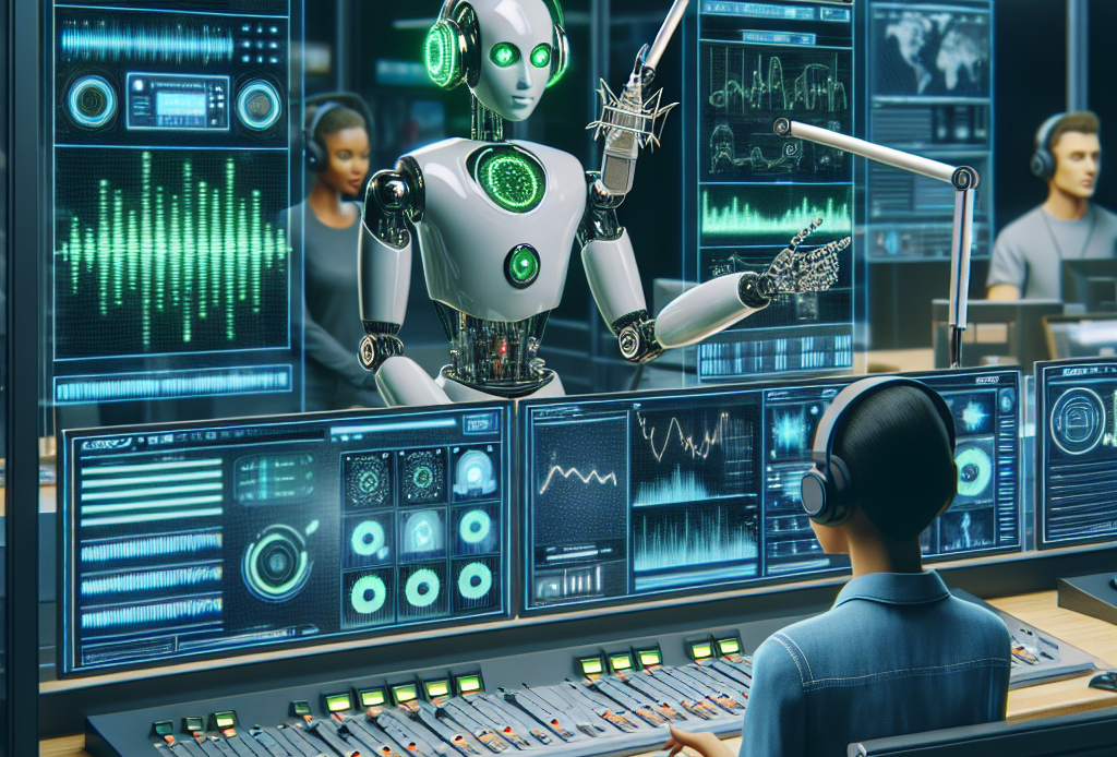 Picture a modern radio station setting. In the center, a sleek metallic AI robot with green illumination is controlling the console with multiple screens and dials. It's multitasking effortlessly, adjusting dials, scheduling music, and even speaking into the broadcast microphone. The robotic voice waves are being converted into digital signals on the screen. Software displays on monitors show a seamless automation process, with graphs and analytics of radio statistics and feedback. Surrounding this scene, various employees, including a Caucasian woman technician and a Black male manager overseeing the operations. All are in awe of the technological advancements in their workplace.