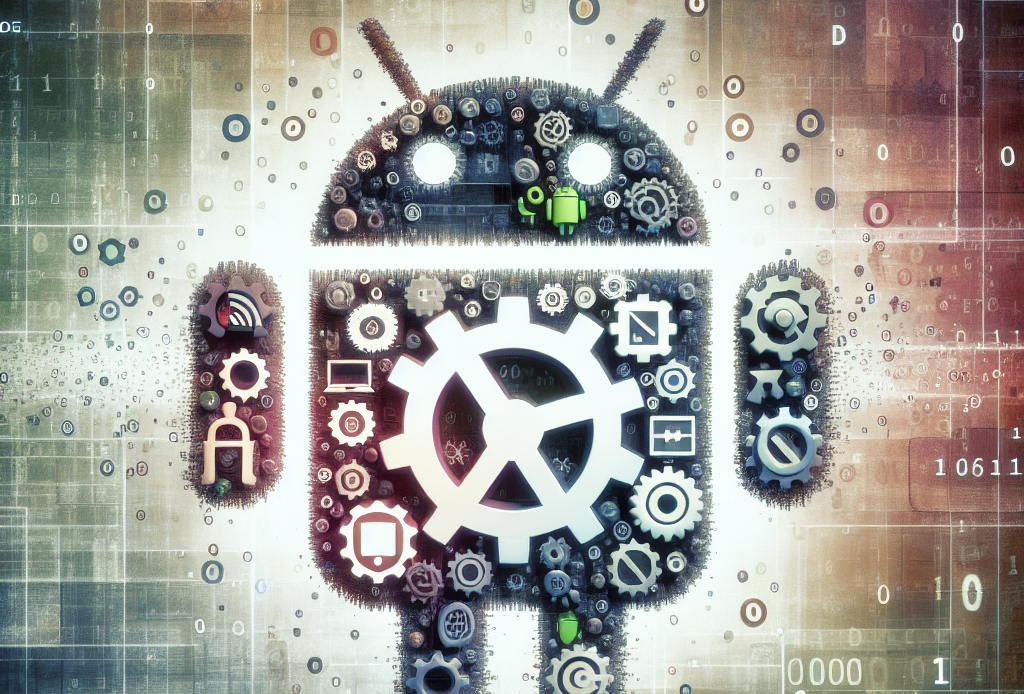 Show an image that represents the concept of customizable features in the world of Android technology. Visualize a large Android logo in the center of the frame, emblazoned with an array of varying icons symbolizing different applications. Surrounding the logo, depict gears and cogs showing the inner workings of the system, thus symbolizing scalability. Allow a faint background composed of sporadic 1s and 0s, hinting at the inherent coding involved. Ensure all visuals are vibrant and attractive, hinting at the ease and positivity associated with effortless scaling in Android systems.