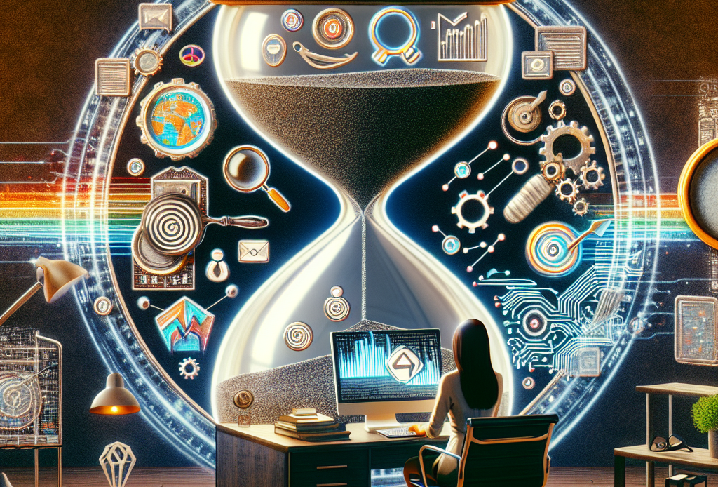 Generate an image representing the concept of improving website rankings with the help of artificial intelligence technologies. Show a large, vintage-style hourglass in the center, symbolizing time. The bottom half of the hourglass should be filled with traditional, colored SEO (Search Engine Optimization) icons like a magnifying glass, a target, and a desktop computer. The top half of the hourglass should be filled with modern, silver AI icons like a circuit board, gears, and binary code. In the background, show an upward-pointing arrow, signifying improvement in website rankings. The setting should be an office with a minimalist, wood desk and a black, leather chair. For diversity, include a South Asian, female SEO specialist examining the hourglass.