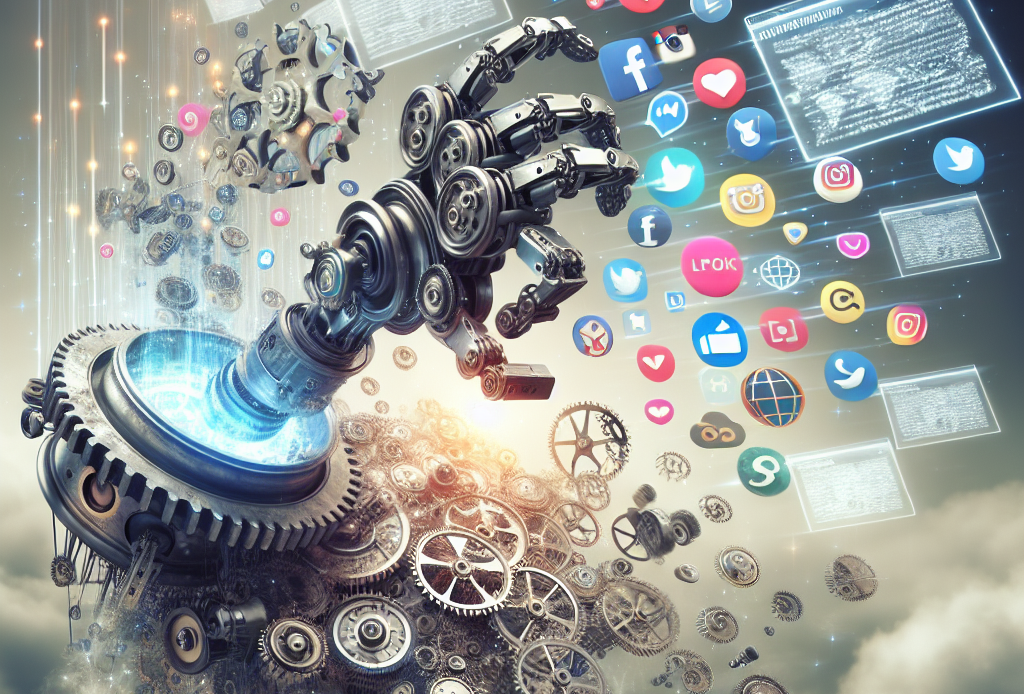 Imagine a conceptual image portraying social media automation. There's an array of floating digital screens displaying various social media icons, suggesting the omnipresence of social media. A mechanical arm reaches forward actively managing the application of posts, likes, and shares. Inside the gears and cogs of the mechanical arm, there are scrolls, maps, and compasses to symbolize strategies being unveil. Overlaying the whole scene is a soft, glowing filter to suggest something hidden being exposed. The entire scene is teeming with movement and energy, implying the dynamism of the subject.